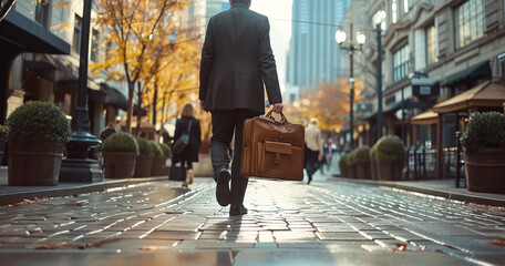 Businessman walking in city street with briefcase, urban corporate concept.