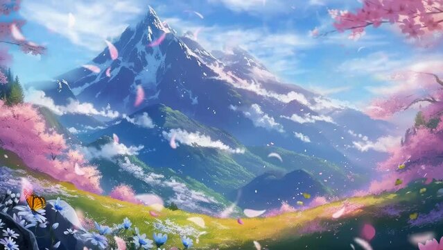 Alluring fantasy spring nature landscape and cherry blossom tree animated background in Japanese anime watercolor painting illustration style. seamless looping video animated virtual background