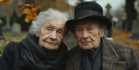 Elderly couple in mourning clothes with somber expressions standing in a cemetery on a rainy day.