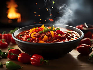 Hot chili peppers in a mortar bowl on a wooden table