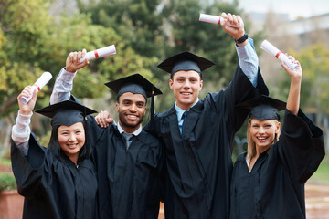College, graduation and portrait of group in celebration with diploma, certificate and happiness....