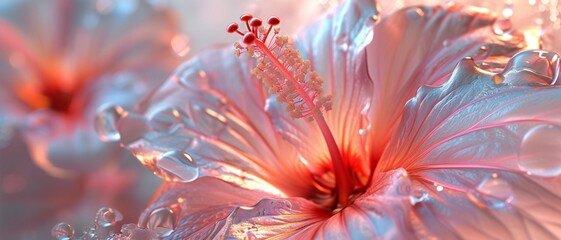 a torchlit mirage with the silver lining of hibiscus, each petal delicately illuminated in macro close-up shots.