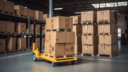 Cardboard boxes on a hand pallet truck in the storehouse