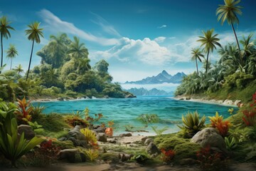 Tropical island with palm trees. Summer vacation illustration. - obrazy, fototapety, plakaty