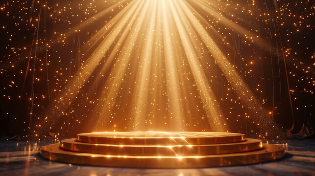 podium with golden light lamps background golden light award stage with rays and sparks