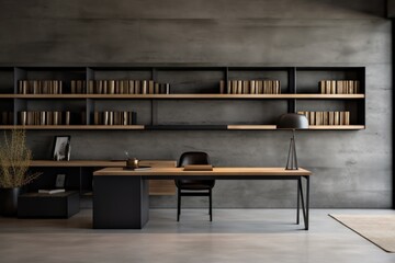 Fototapeta na wymiar Black minimalist workplace room, bookshelf, wooden and gray concrete walls, and black furniture