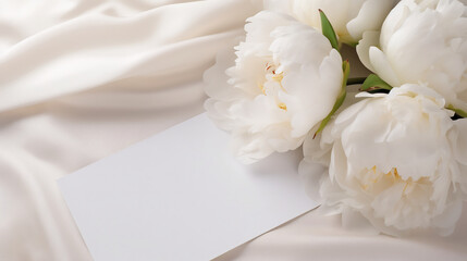 Elegant White Peonies with Blank Card on Satin Fabric. Wedding Invitation and Spring Florals Concept