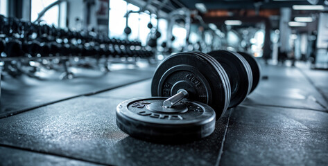 dumbbell on the floor, gym modern interior in the gym lots of sports equipment