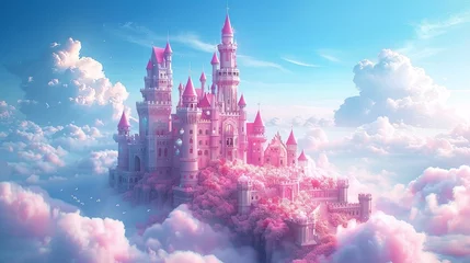 Gordijnen Princess Castle. Magic Pink Castle in the clouds. Fantasy world. Fairytale landscape. Cartoon Castle in the blue sky. Pink clouds. Flowers. Kingdom. Magic tower. Fairy city. Illustration for children © Thanthara