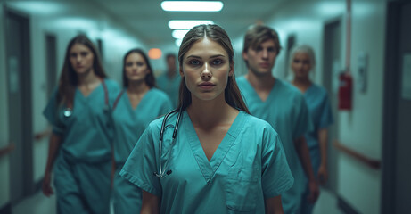 Confident female medical professional leading a team of nurses in a hospital corridor.