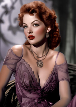 glamorous redhead actress starlet old hollywood style headshot vintage colorized photo