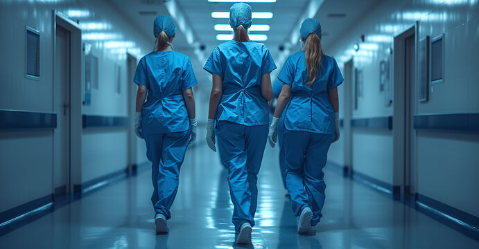 Three healthcare professionals walking down a hospital corridor, symbolizing teamwork and medical care.