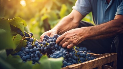 Farmer male hands picking grape, grapes harvest. Generative Ai