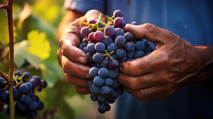 Farmer male hands picking grape, grapes harvest. Generative Ai