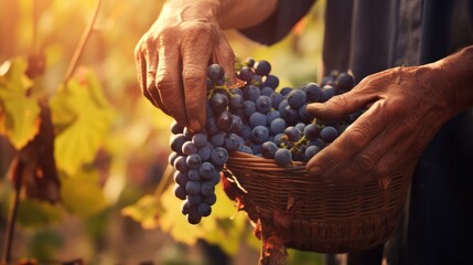 Farmer male hands picking grape, grapes harvest. Generative Ai