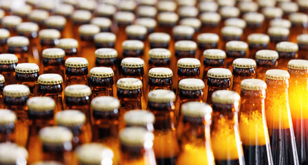 Production brewery Line, Closeup rows of bottled beer with golden hue on industrial conveyor, top...