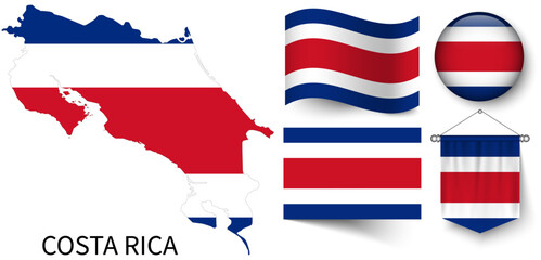 Naklejka premium The various patterns of the Costa Rica national flags and the map of Costa Rica's borders