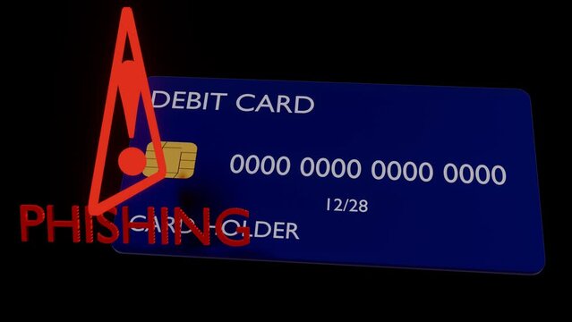 3d animation of rotating red phishing with exclamation mark and debit card