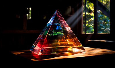 Prism for optical physics experiments, splitting the light into reflection beams in the spectrum of rainbow colors