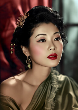 beautiful asian actress starlet in green traditional costume old hollywood style headshot vintage colorized photo