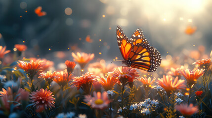 Sunlight filtering through the wings of a butterfly perched on a flower - obrazy, fototapety, plakaty