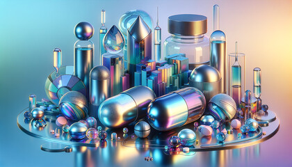 Futuristic Biopharmaceuticals: Y2K-inspired digital disintegration meets tranquil chromatics.