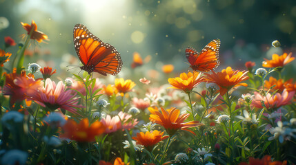 Sunlight filtering through the wings of a butterfly perched on a flower
