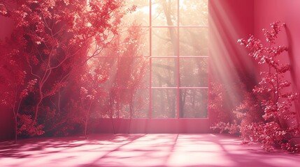 The background of a pink room with sunlight filtering through the trees that can be used for presentations, etc.