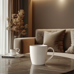 white mug mockup in a living room setting