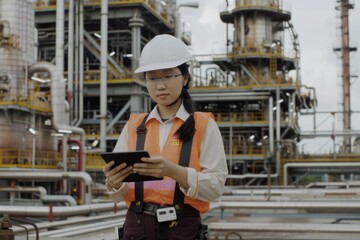 Female Asian engineer in hard hat and safety vest using tablet at oil refinery