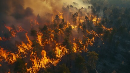 Aerial view of a raging forest fire at sunset. flames consuming trees. environmental disaster scene. AI