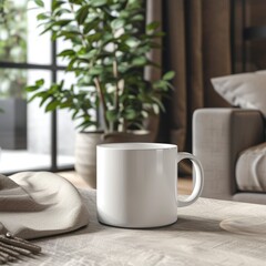 white mug mockup in a living room setting