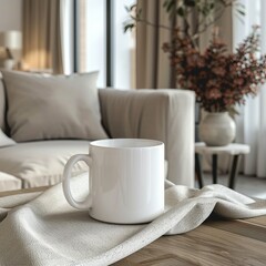 Fototapeta na wymiar white mug mockup in a living room setting