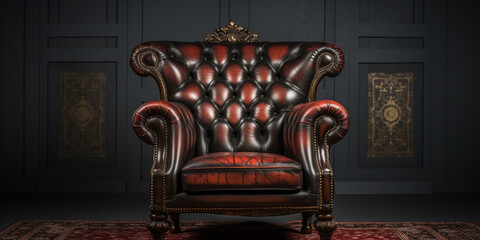 antique armchair in a room, 3d render of old king armchair with golden barrieres on black background. 