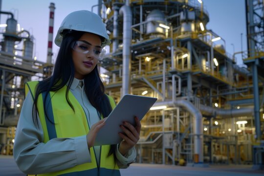 Female Middles Eastern engineer in hard hat and safety vest using tablet at oil refinery
