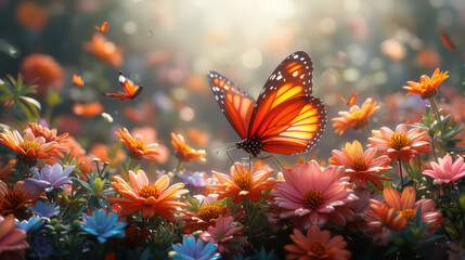 Sunlight filtering through the wings of a butterfly perched on a flower