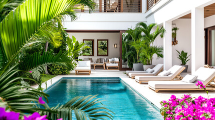 A tropical poolside setting, adorned with lush greenery, colorful blooms, and comfortable lounging areas against a bright white backdrop