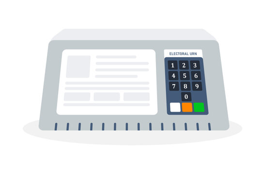 Electronic voting machine with a display screen and numeric keypad, labeled ELECTORAL URN