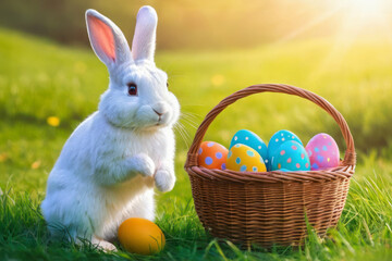 pretty bunny and Easter colorful eggs in basket on green grass with sunshine