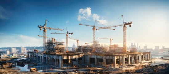 portrait of workers working on a large construction site and many cranes working in an Industrial new building business