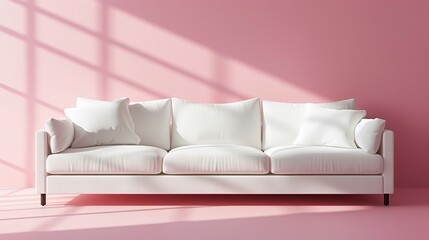 White modern couch against pink wall in empty room.