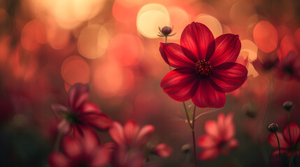 Fototapeta na wymiar Vibrant Red Cosmos Flower in Soft Focus Background