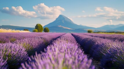 Breathtaking lavender fields blooming under a majestic mountain. vibrant nature, tranquil scenery, perfect for relaxation and wallpapers. AI
