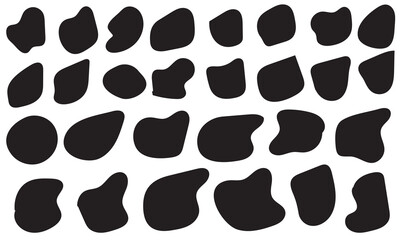 Blob shape organic set. Random black cube drops simple shapes Pebble, inkblot, drops and stone silhouettes. Collection of paint liquid black blotch spot irregular from Doodle drops with outline circle