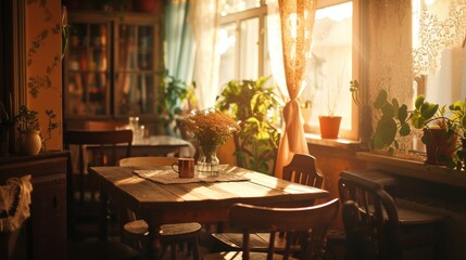A cozy café scene with a wooden table and mismatched chairs, bathed in warm sunlight streaming through lace curtains, potted plants scattered around, a vase of fresh flowers on the table