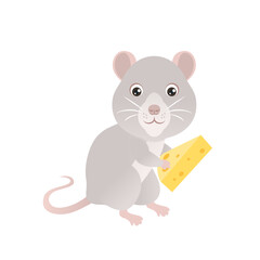 Little cartoon mouse holds piece of yellow cheese. Icon of funny animal Isolated on white background. Vector illustration of children's character.