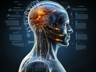 Healthcare futuristic scanning in HUD style design, Human brain scan with pictures. Hi-tech elements. Virtual graphic touch HUD UI.