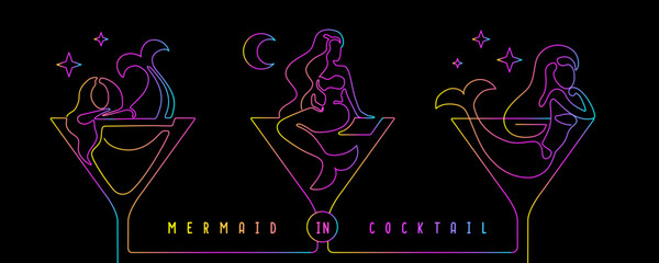 Fluorescent continuous line vector illustration of mermaid in cocktail glass