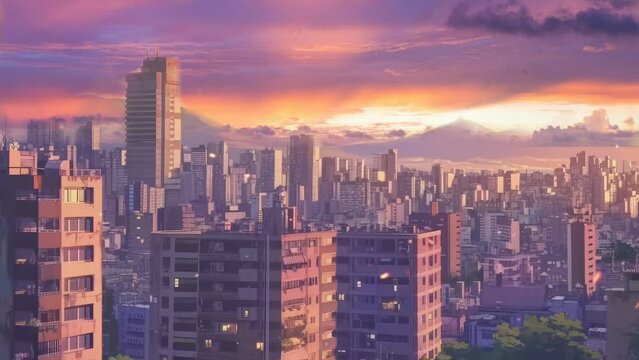 City buildings and trees landscape background animation in Japanese anime watercolor painting style. 4k Seamless looping video animation