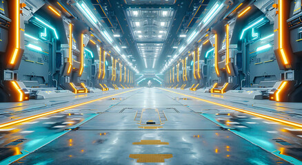 Illuminated Futuristic Corridor, Science Fiction Architecture, Neon Lights in a Modern Space Station Interior